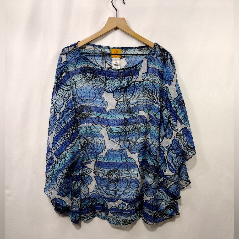 Ruby Rd. Floral Blouse Womens 2X Blue Boho Retro Cottagecore Peasant Retro 90s